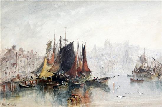George Weatherill (1810-1890) Fishing boats in Whitby Harbour, the abbey beyond, 5.5 x 8.5in.
